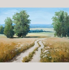 Original Oil Painting Summer Countryside Landscape Trees, Field, Nature Wall Art