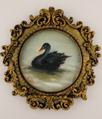 Tiny black Swan Oil Painting: Framed Vintage-Style Wall Art