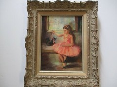VINTAGE PORTRAIT PAINTING LITTLE GIRL WITH SWEET CAT KITTEN KITTY MYSTERY ART