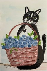 Original 4×6″ painting basket of blueberries black white CAT by Lynne Kohler