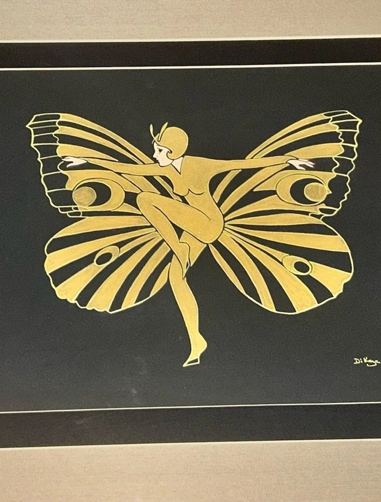 VTG Original Di Kaye ART DECO BUTTERFLY LADY erte Style Watercolor 22×25” Framed