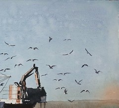 Original Painting in Watercolor „Fishing Boat And Seagulls“ 16″x 12″