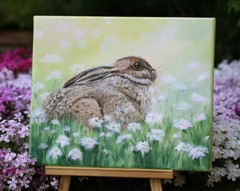 Original acrylic small painting bunny rabbit hare wild life flowers meadow