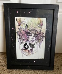 Original Art – Trippy Hippy Butterfly Girl with Black Cat & Butterfly Cats CUTE