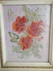 Original Signed Painting ~ ABSTRACT FLORAL Framed 15″ x 13″ Cream & Gold Frame