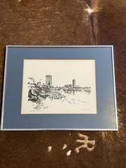 Framed Waterfront Sketch with Blue Mat