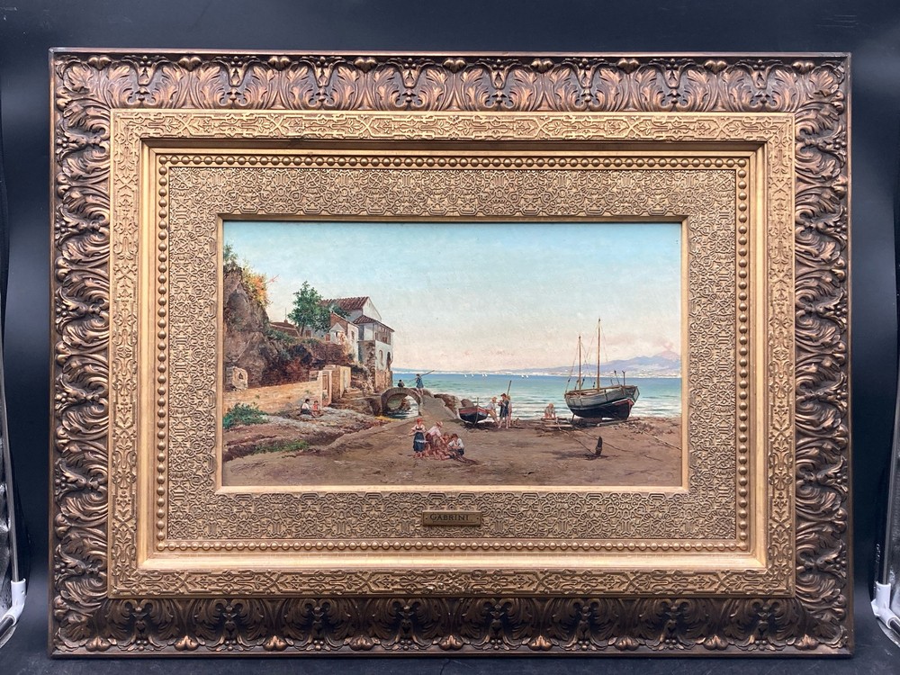 Pietro Gabrini Attributed Sorrento Harbor Italian Coast Antique Oil Painting