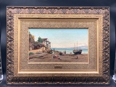 Pietro Gabrini Attributed Sorrento Harbor Italian Coast Antique Oil Painting
