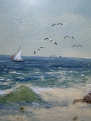 Watercolor And Gouache Framed: Nice Castle Rock Seascape, Rocher