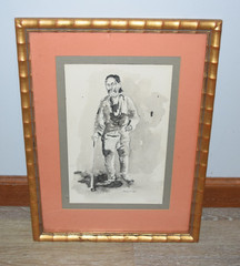 Gloria J Coker Original Pen & Ink Watercolor Painting Bearded Man w/ cane 19×14