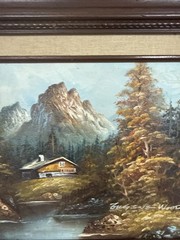 Vintage Mountain Oil Painting On Canvas Artist Signed Eugene Wood Cabin River