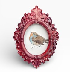 Robin mini bird print of original watercolor painting • vintage ornate frame
