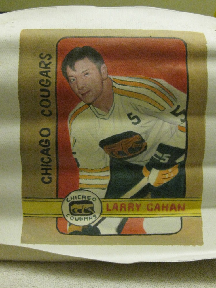 Hockey card painting Larry Cahan Chicago Cougars WHA 1972 OPC oil canvas 11×13