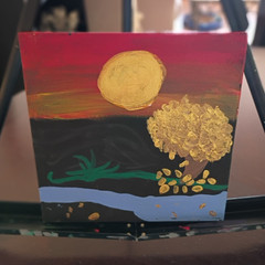 Abstract Landscape Painting, Sun Tree Nature Theme, Small Unframed Single Piece