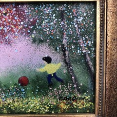 Enamel on Copper Children w/Ball Framed Art Signed by Louis Cardin 4″ X 5″