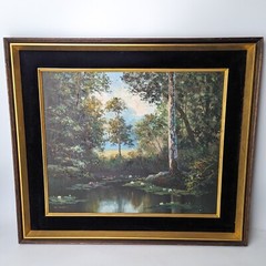 Vtg K Yoshii Original Oil Landscape Painting Trees Pond Signed Japanese Artist