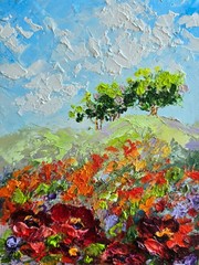 Poppy fields oil painting 15×20 cm flowers landscape painting on cardboard