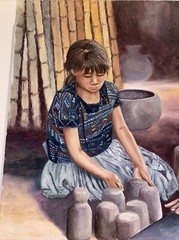 Guatemalan Folk Art Oil Painting Women Maya Pottery Making De Leon Campos 1980