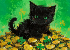 ACEO Mini *Art Print* Black Cat Baby Kitten St Patrick’s St Paddy’s by Saulite