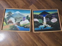 2 Vintage Chinese Waterfall Mountain Paintings on Silk Glass Bamboo Wood Frames