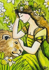 Flower Fairy ACEO Original Watercolor Painting Lion Portrait Nature Floral Art