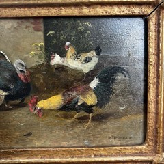 Oil Painting Turkey and Chickens Signed Max Haenger Animal Painter Painting on Wood
