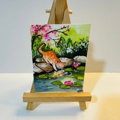 Cat Lotus Pond ACEO Original Watercolor Painting Nature Garden Landscape Art