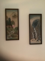 VINTAGE 1930s-40’s SILK SCREEN FRAMED PAINTINGS SET OF 2 EUC JAPAN WW II
