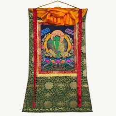 Silk Fabric Mounted Milarepa Thangka Painting, Handmade Art for Meditation