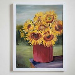 K Gaourer Signed Still Life Sunflowers Red Pale Oil Painting Folk Art 18×24