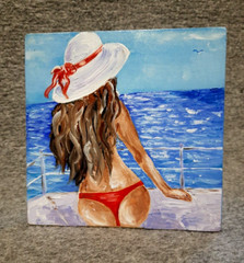 Oil painting.Girl in a hat on a yacht looks into the distance.Modern mini art.