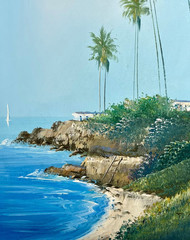 Oil Painting Canvas SEASCAPE Ocean Beach Palms, 12”x 24” signed By NIELSON
