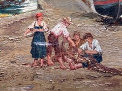 Pietro Gabrini Attributed Sorrento Harbor Italian Coast Antique Oil Painting