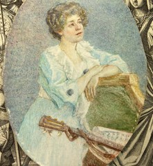 Antique c.1910 English Portrait Miniature, Woman, Guitar, 3/4 Pose, 24k Gold Plt