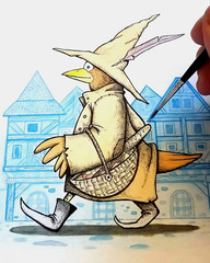 Bird with Baguette. Original ink and watercolor by Ivan Camilli