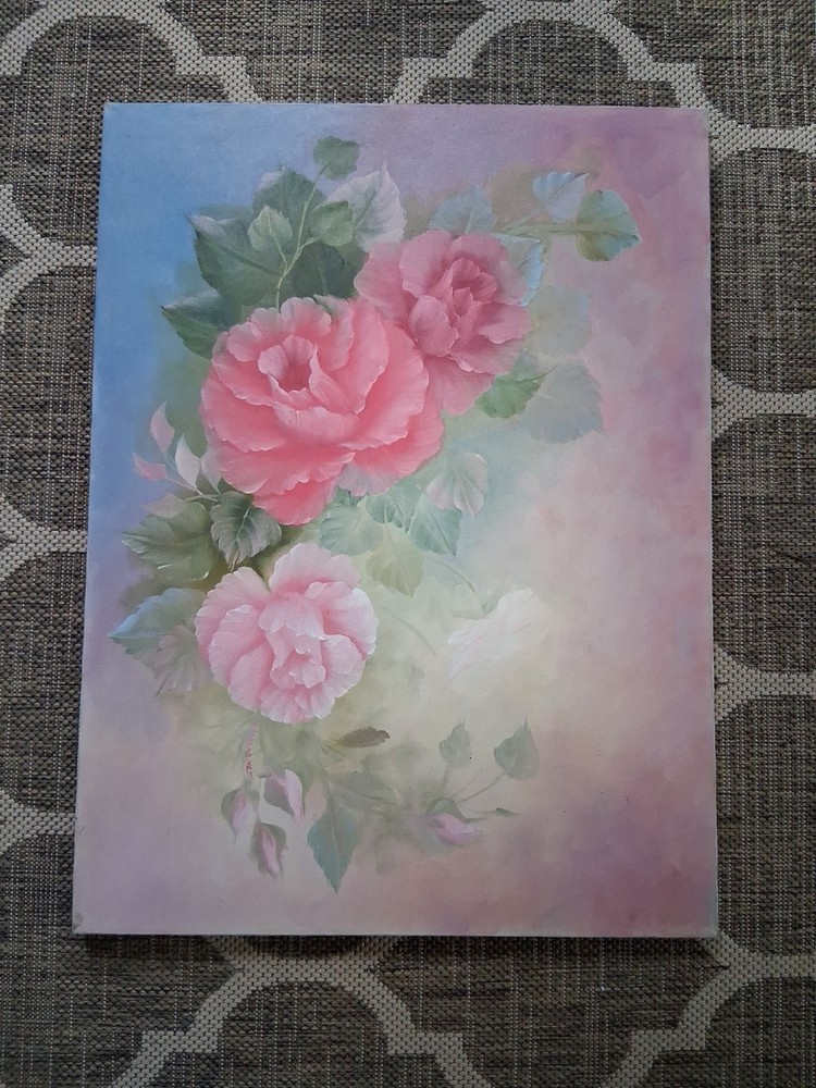 24×18 Pink Rose Floral Canvas Oil Painting Signed Bernadine