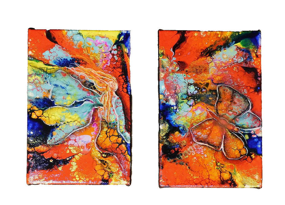 Abstract Fairy Butterfly Pour Paintings Original Art by Rain Crow Set of 2