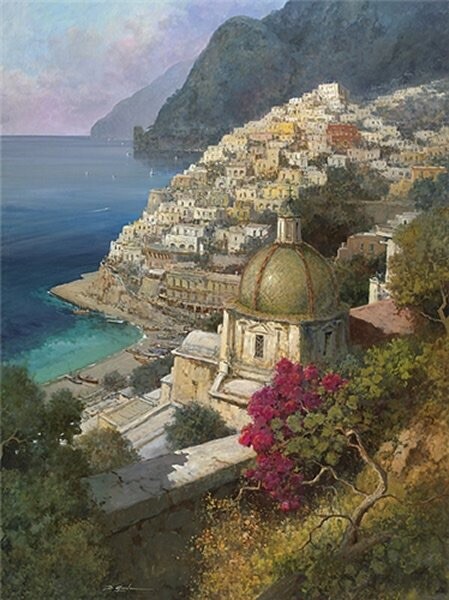 Giclee On Canvas-View In Positano By Giovanni DiGuida-Frame Included-Certified