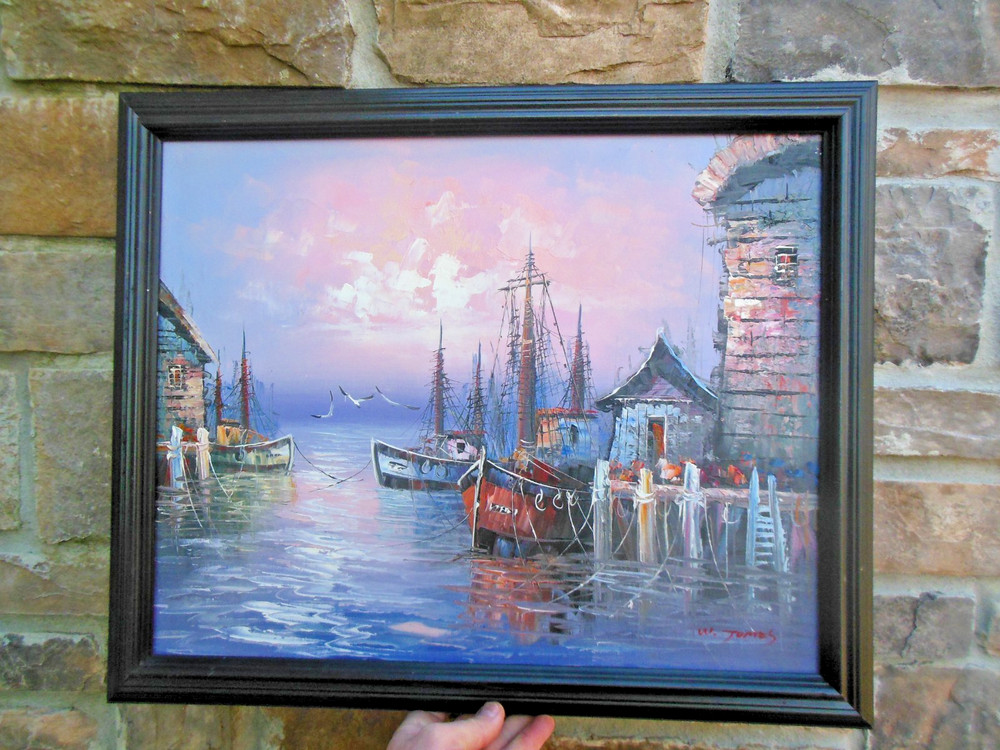 Vintage W. Jones Signed Oil Painting Harbor Boats Seascape Framed Art 23″ x 19″