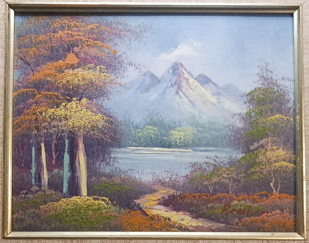 Vintage Oil Painting Landscape Mountain Forest Lake Gold Frame Signed 14 X 12″