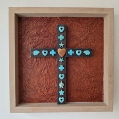 Folk Art ORIGINAL Christian Cross Jesus Turquoise Heart Wood Copper Rugged