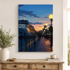 Cruise Ship Sunset Canvas Wall Art Harbor City Travel Decor Print Framed 8*12in