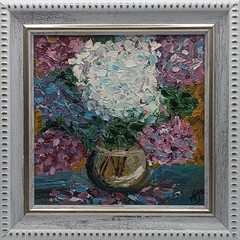 Original Miniature Hydrangea Oil Painting Framed Floral Bouquet Impasto Art 4×4