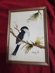 Elaine C ’80 Chickadee Reverse Painting On Glass Art Wood Frame 7-1/4″ X 10”