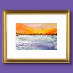 Lakescape At Sunset Original Impressionist Watercolor 5×7 Cotton Artist Signed