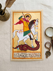 Hand-Painted Miniature Art: Saint George and the Dragon on Antique Ottoman Paper