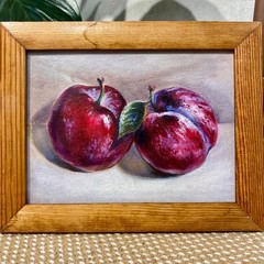 Plum oil painting original framed still life small wall art kitchen decor 6×8 in