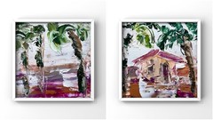 Secret Palms of Hana, Hawaii – Maui Island Diptych, Original Oil Painting Framed