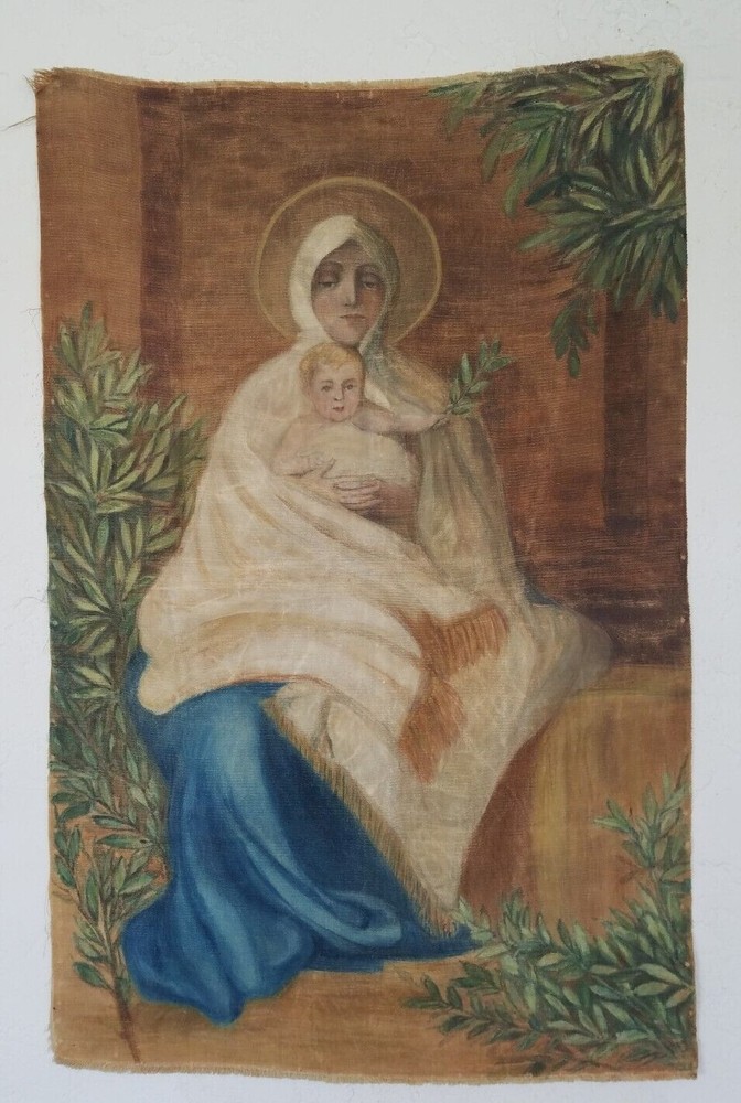 Rare Large Hand painted Painting on Cloth Tapestry Madonna Holding Jesus