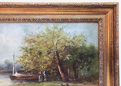 1900’s MYSTERY ARTIST ORIGINAL ANTIQUE O/C SAILBOATS LAKESCAPE FIGURES FRAMED